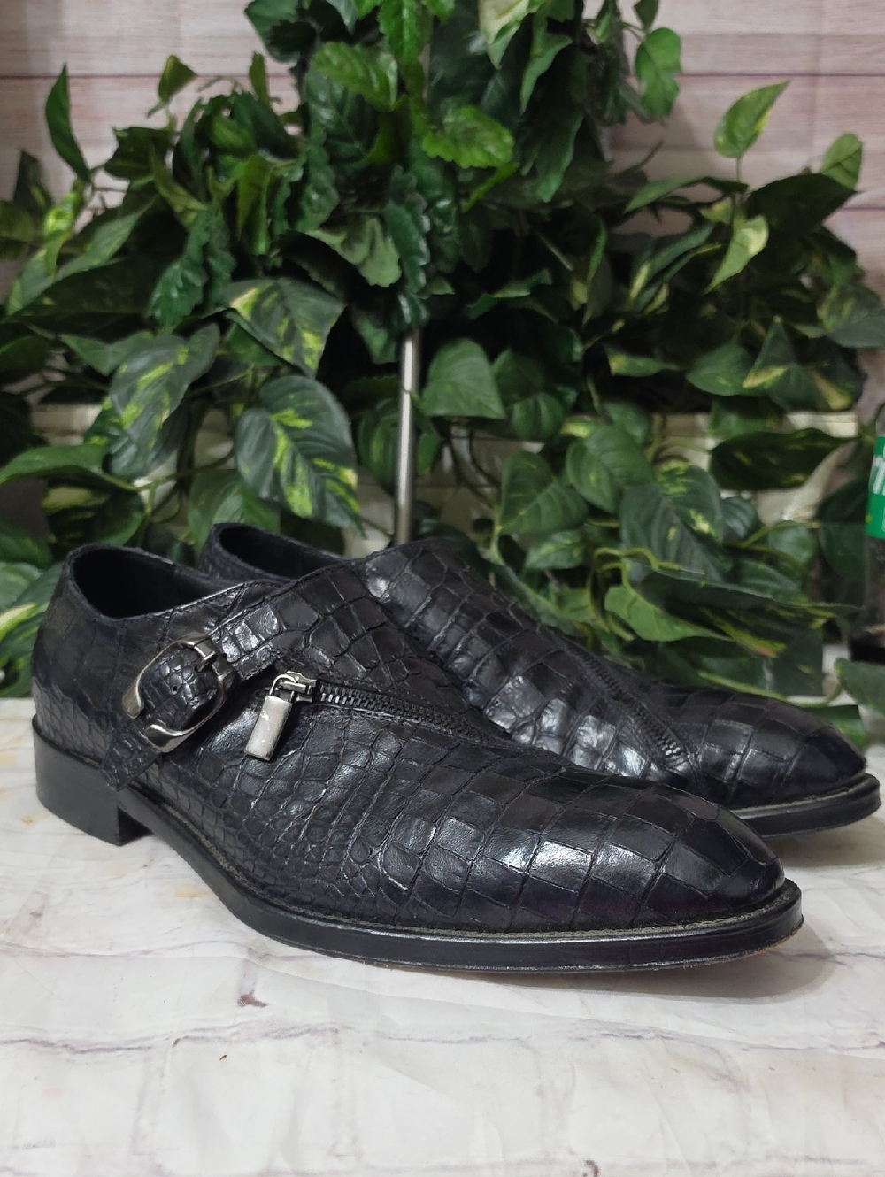 Jo Ghost Italian Blk Croc-Embossed Zipper Leather Monk Strap Dress Shoes 43/US10
